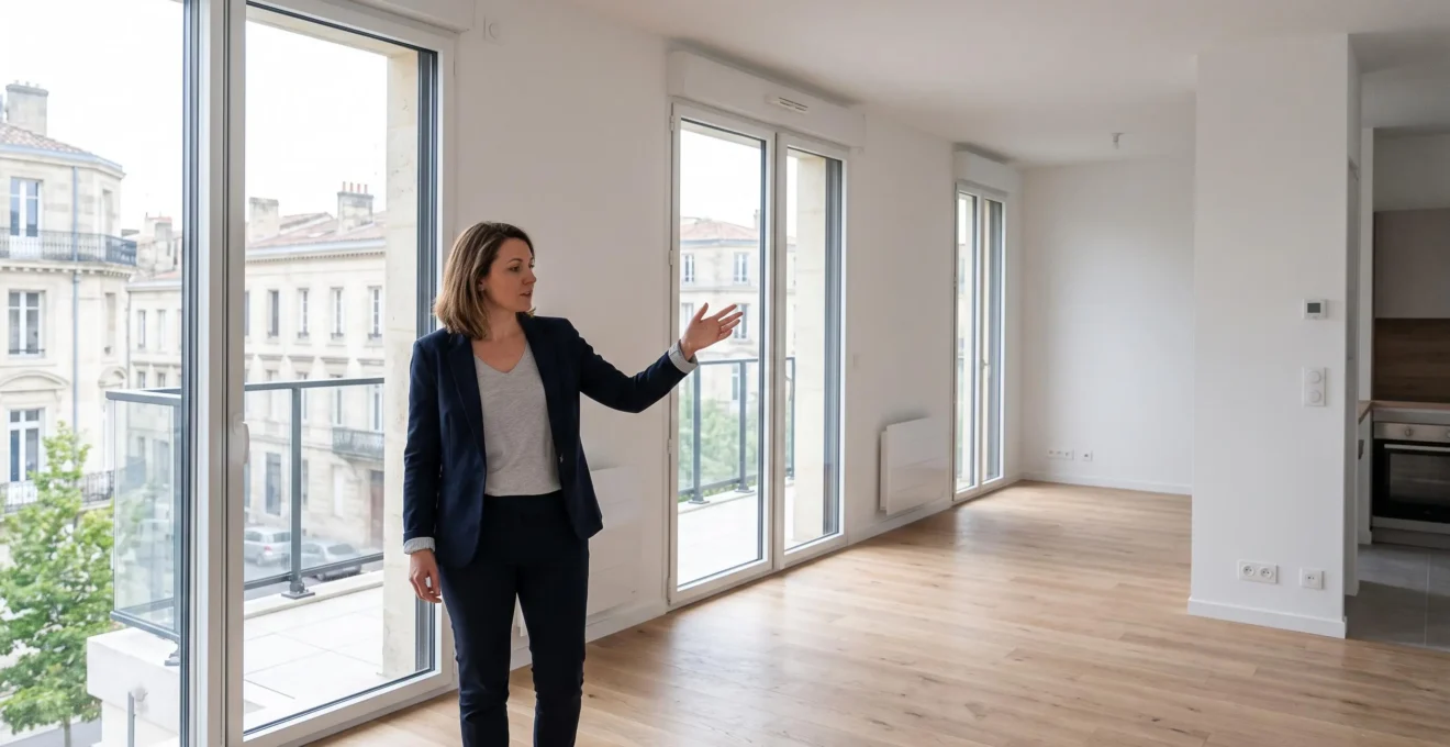 Agent immobilier inspectant un appartement neuf vide avec grandes baies vitrées à Bordeaux
