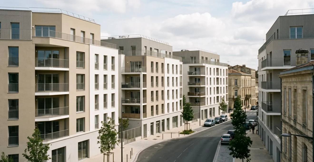 Plusieurs immeubles résidentiels neufs de style similaire alignés dans le même quartier à Bordeaux